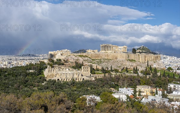 View from Philopappos Hill over the city with rainbow