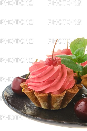 Fresh cherry cake isolated on white background