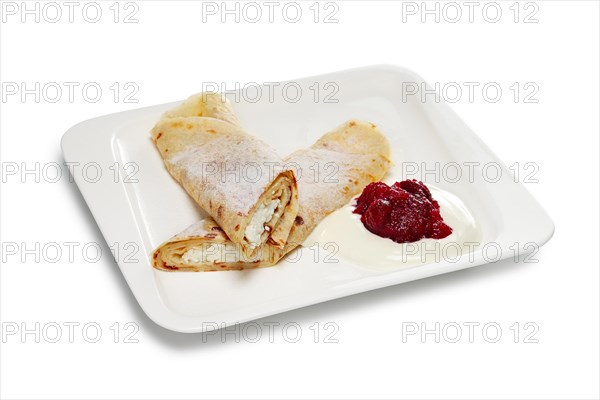 Layout for menu. Pancake stuffed with cottage cheese and sour cream with raspberries