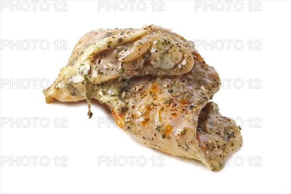 Raw piece of chicken with spice and sauce prepered for barbecue. Gastronomy template isolated on white background