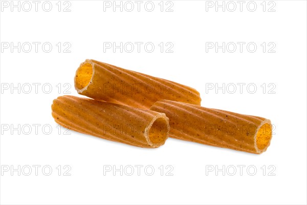 Tortiglioni grooved helical tube pasta isolated on white background