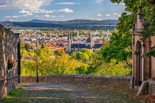 Old Way of the Cross to Frauenberg with view of St. Salvator's Cathedral and the town in early autumn