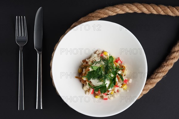 Top view of salad with crab