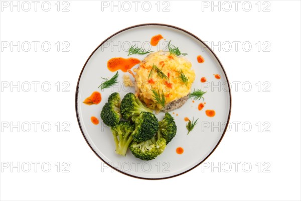 Chopped meat baked with cheese and broccoli isolated on white