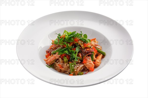 Wok with salmon and green beans isolated on white background