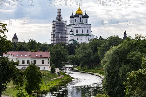 Aerial of the kremlin and Trinity Cathedral in Pskov of the Unesco site Pskov