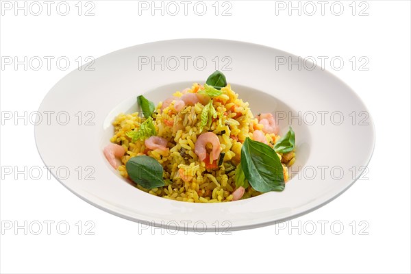 Rice with shrimps isolated on white background