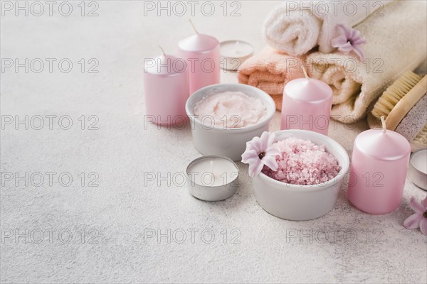 Close up skincare spa candles with towel