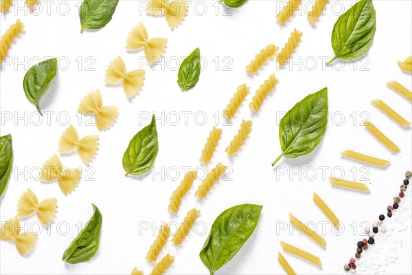 Flat lay pasta arrangement white background