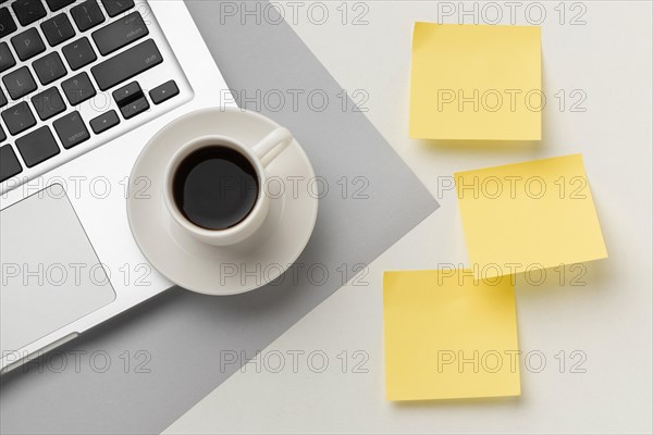 Top view office desk assortment with post its. Resolution and high quality beautiful photo