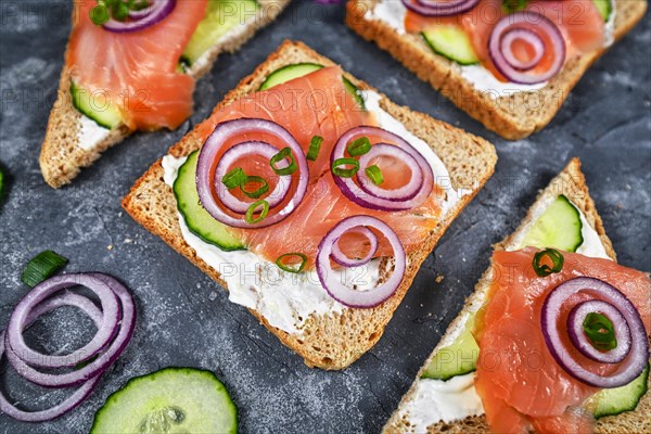 Salmon bread slices of healthy wholegrain toast topped with smoked salmon fish