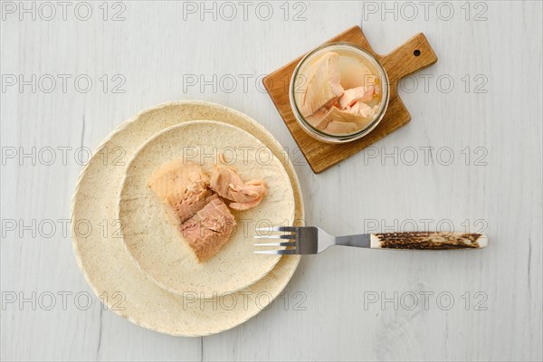 Top view of canned sea trout on a plate