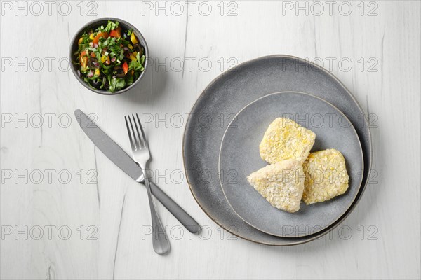 Top view of semifinished squid cutlet in breading on a plate