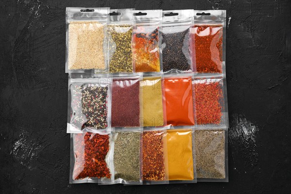 Overhead view of different spices in plastic package