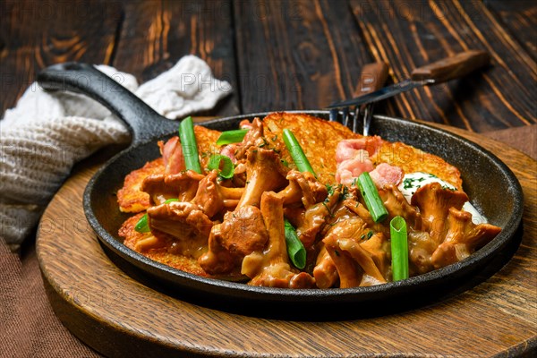 Potato pancakes with chanterelles and pork in cast iron skillet