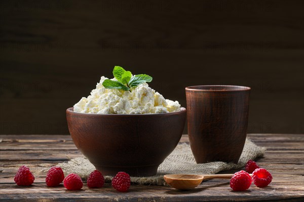 Cottage cheese and milk in clayware on wooden table