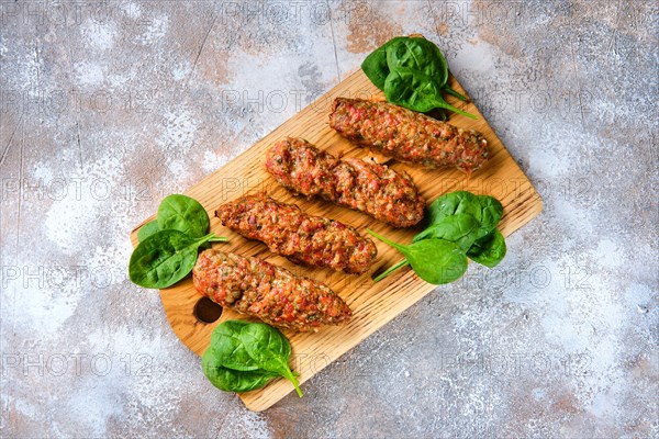 Top view of shish kebab from ground beef meat