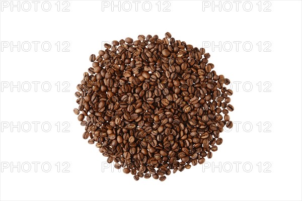 Overhead view of brazilian coffee beans isolated on white background