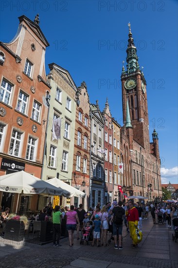 Hanseatic league houses with the town hall in the pedestrian zone of Gdansk. Poland