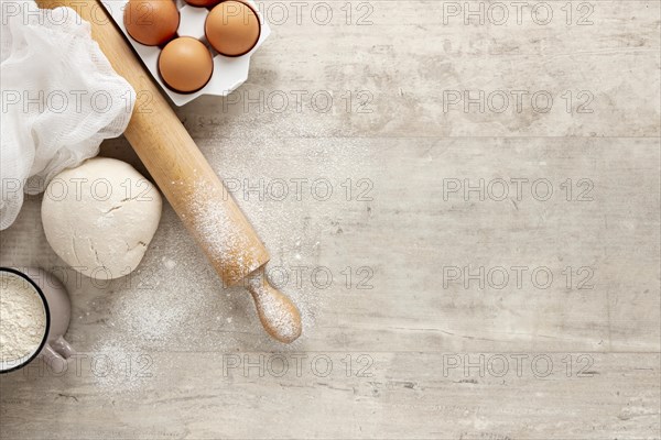 Dough eggs kitchen roller with copy space