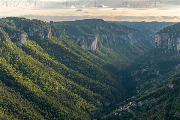 View of the Gorges de la Jonte and the village of Le Truel in the Cevennes National Park. Aveyron