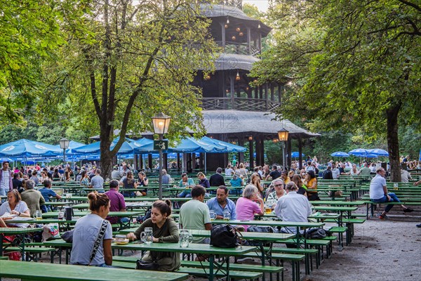 Beer garden at the Chinese Tower in the English Garden in the evening sun