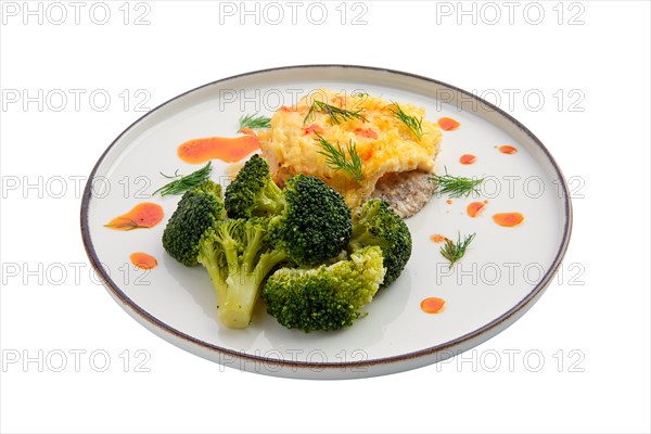Chopped meat baked with cheese and broccoli isolated on white