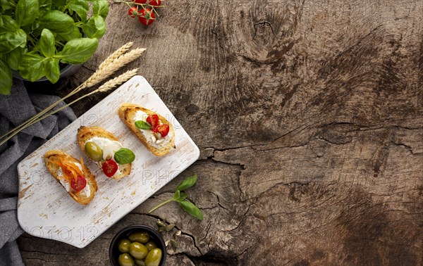 Slices bruschetta copy space wooden background. Resolution and high quality beautiful photo