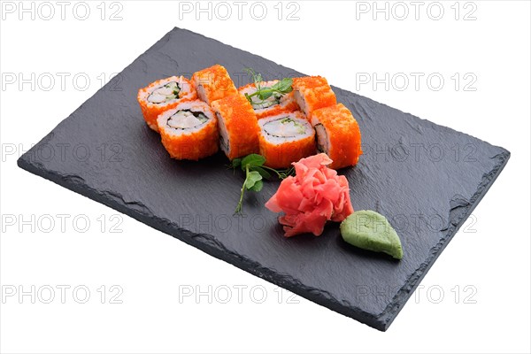 Rolls with salmon and caviar isolated on white background