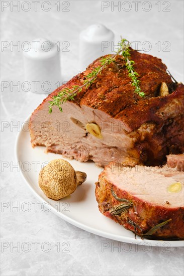 Pork neck baked in oven and cit on slice closeup