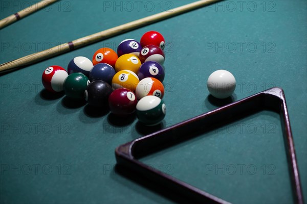 High angle assortment with pool balls triangle