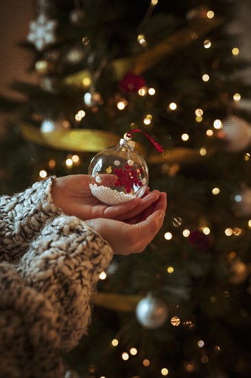 Woman holding small bauble hand. Resolution and high quality beautiful photo