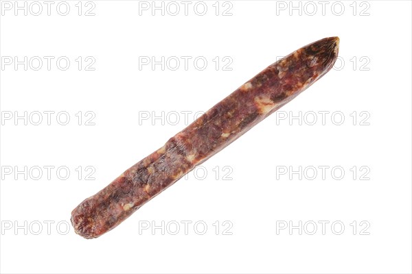 Top view of dried jerked deer and pork sausage isolated on white background
