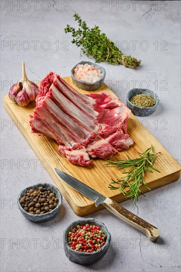 Raw fresh deer ribs with spice and herb over concrete background