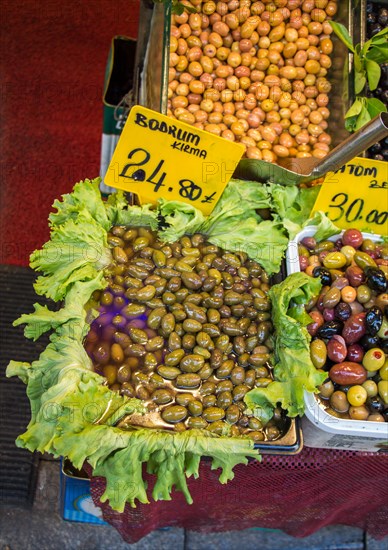 Turkish style prepared olives in the market stands