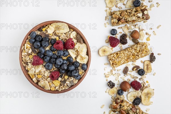 Top view breakfast cereal bars with fruits bowl. Resolution and high quality beautiful photo