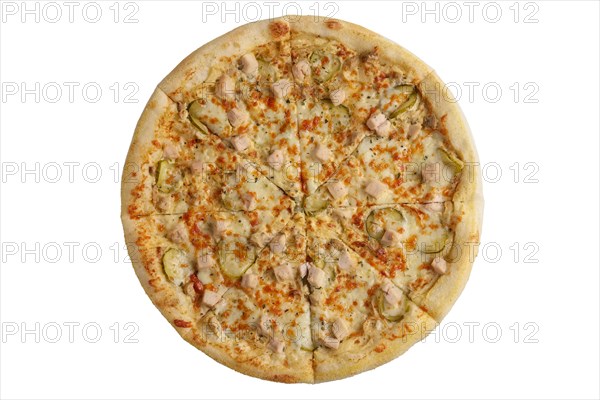 Fresh baked pizza with chicken fillet and pickled cucumber isolated on white