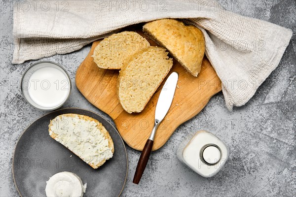 Overhead view of healthy breakfast with homemade yeast-free bread