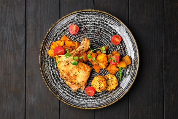 Top view of oasted chicken thigh with fried pumpkin