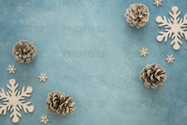 Top view conifer pine cones and snowflakes. Resolution and high quality beautiful photo