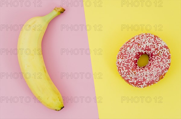 Top view donut vs fruit. Resolution and high quality beautiful photo