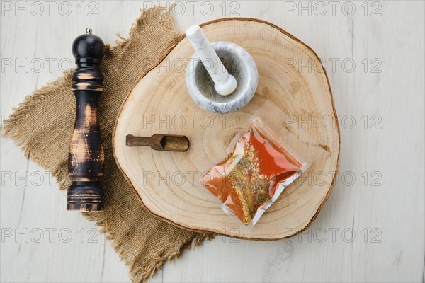 Top view of mixture of different spices in plastic packaging