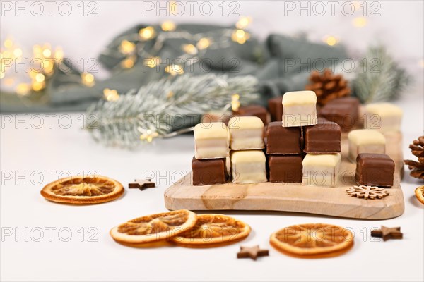 Traditional German sweets called 'Dominosteine'. Christmas candy consisting of gingerbread