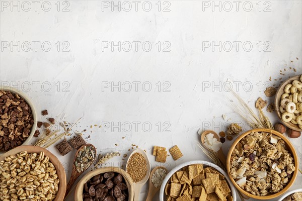 Flat lay assortment breakfast cereals with copy space
