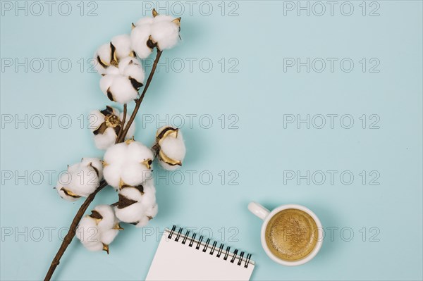 Overhead view cotton flower spiral notepad coffee cup blue background