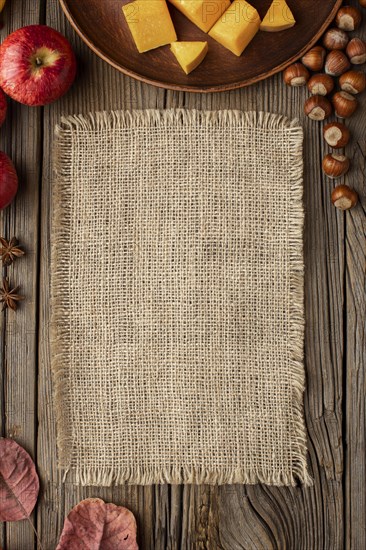Top view autumn food copy space burlap fabric. Resolution and high quality beautiful photo
