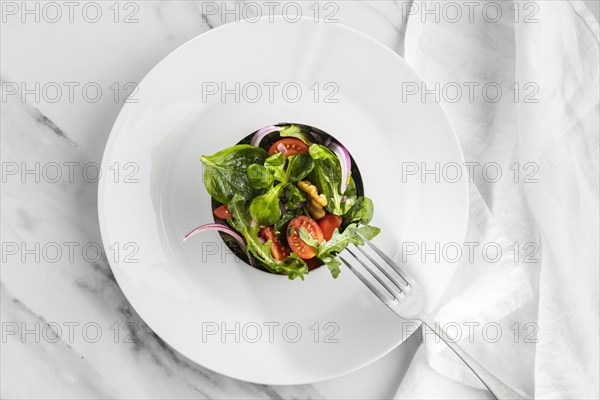 Top view delicious salad white plate. Resolution and high quality beautiful photo