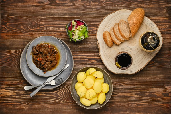 Overhead view of beef or deer ragout with potato