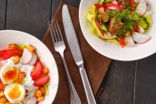 Top view of two plates with salad with fresh vegetables