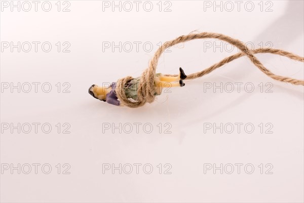 Woman figure lying down tied with a linen thread on a white background